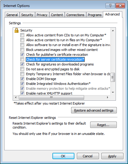 Turn off check for server certificate revocation
